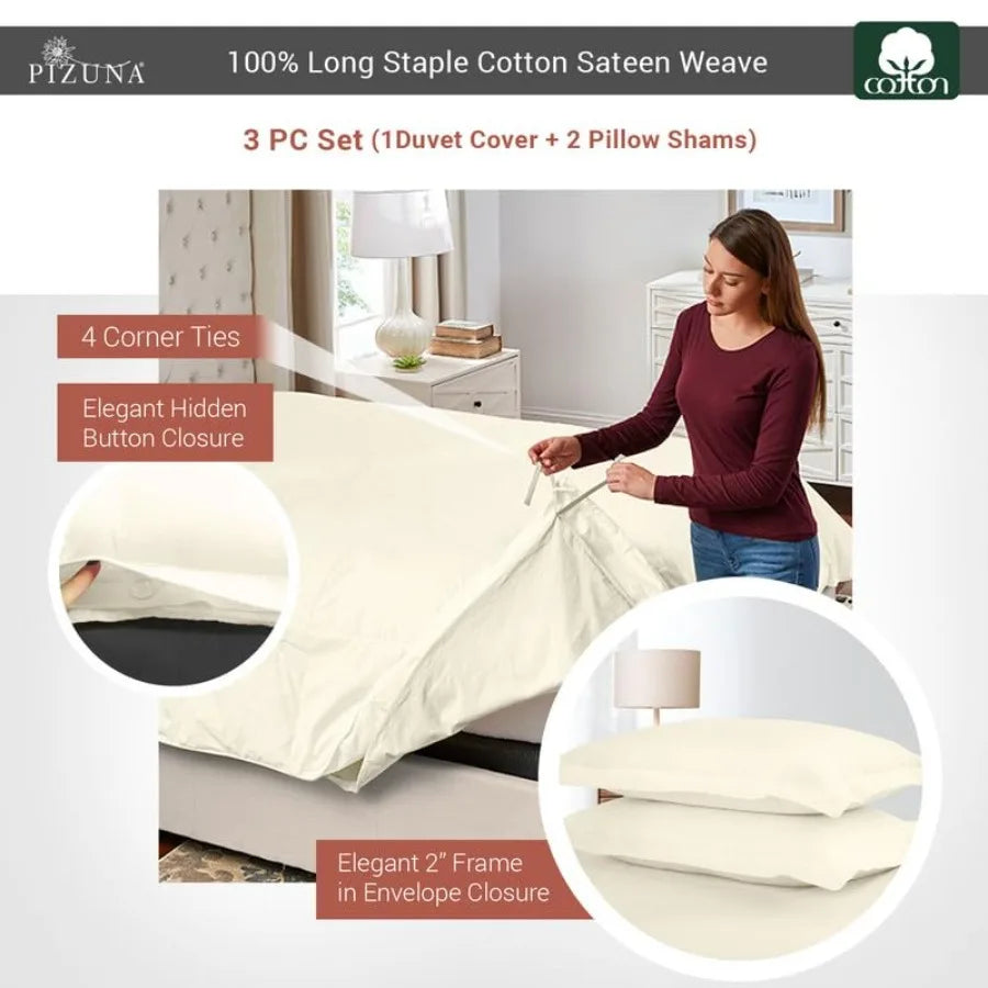 Pure 100% Cotton Luxurious 400 Thread Count Long Staple Cotton Sateen Weave Button Closure Combed Ivory Cotton