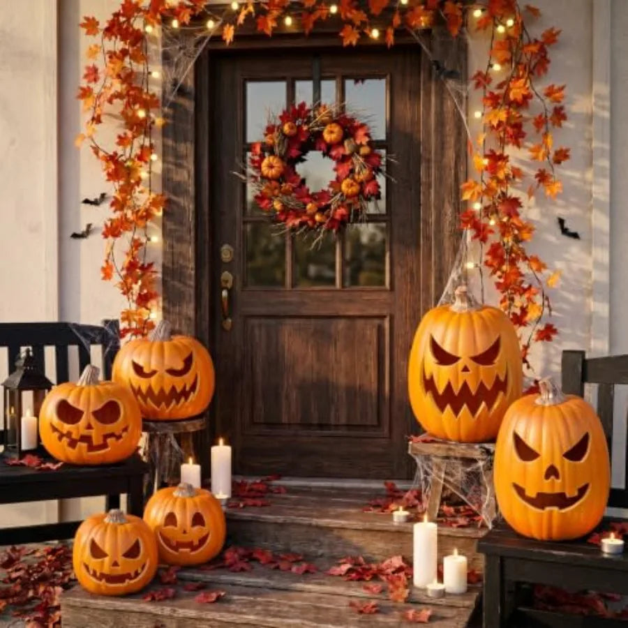 DIY Halloween Thanksgiving home decor: carvable PU artificial pumpkins, 9 large realistic set of 4, orange, lightweight and reu