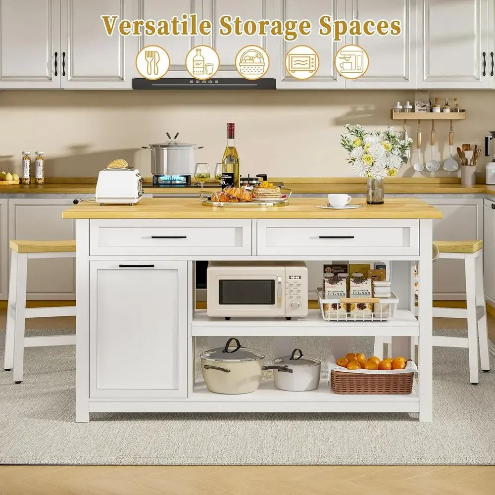 Kitchen Island with Storage and Seating Include 2 Bar Stools, 47" Solid Rubberwood Top Kitchen Island with Trash Can Storage, Po