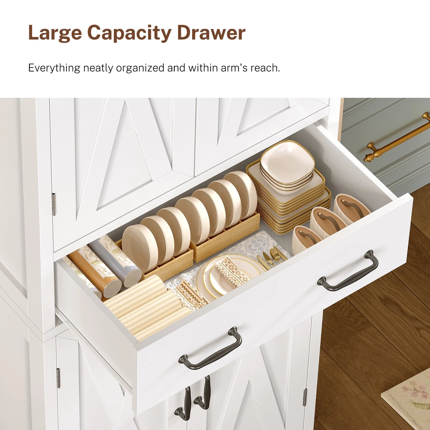 Tall Storage Cabinet with 4 Doors & 1 Large Drawer, Kitchen Pantry Cabinet , for Living Room, Kitchen, Bathroom, White