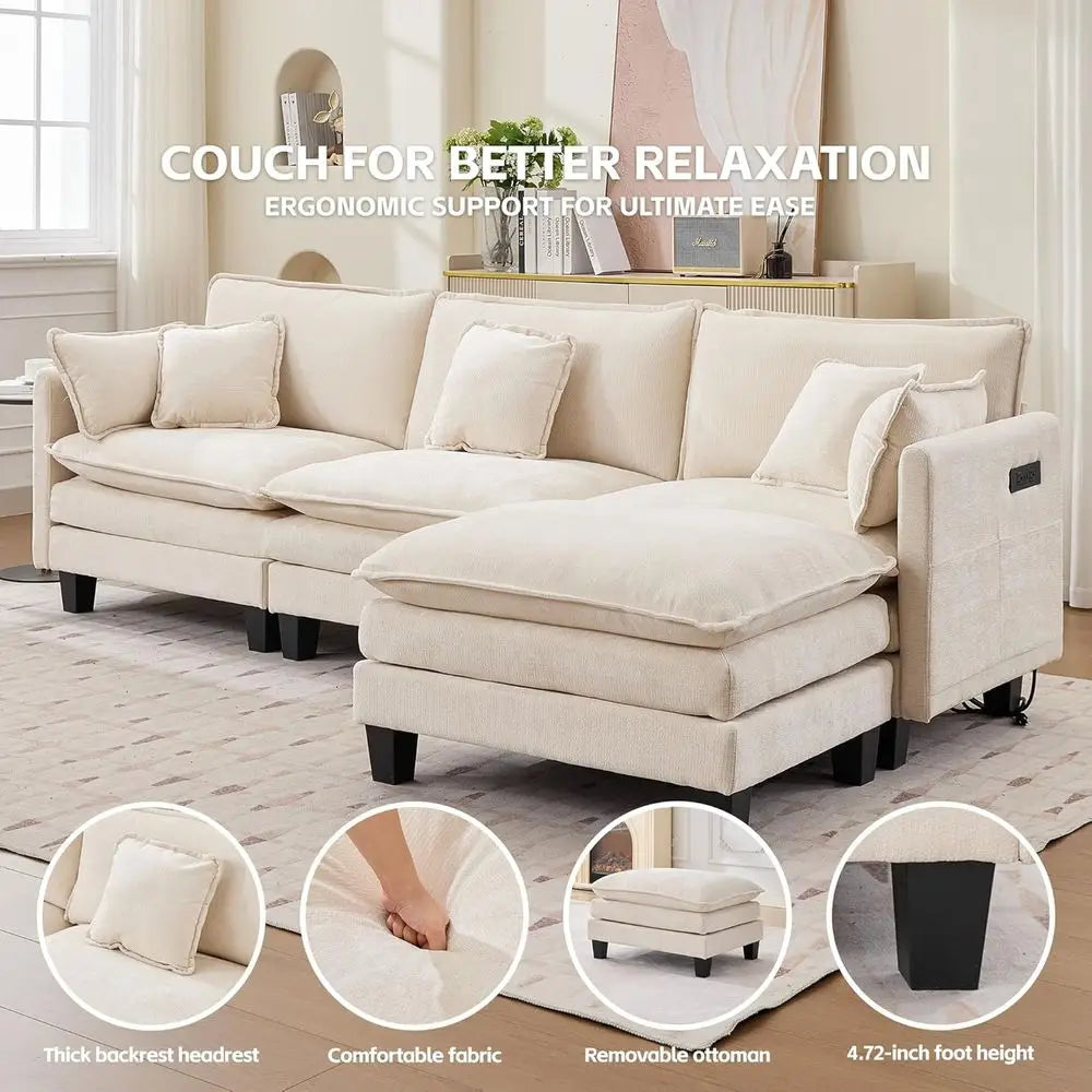 110 L-Shaped Sofa Set with Ottoman, 4-Seat Comfortable Living Room Couch, Deep Seating, Beige Chenille Fabric