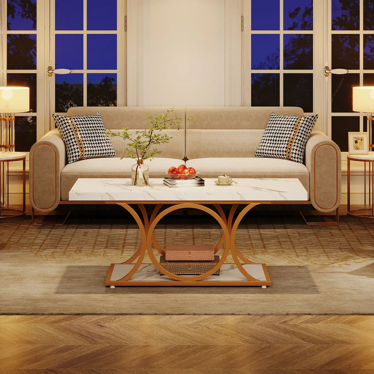Tribesigns Rectangle Coffee Table, 47.24-inch Modern Coffee Tables for Living Room, 2-Tier Faux Marble Wood Coffee Table