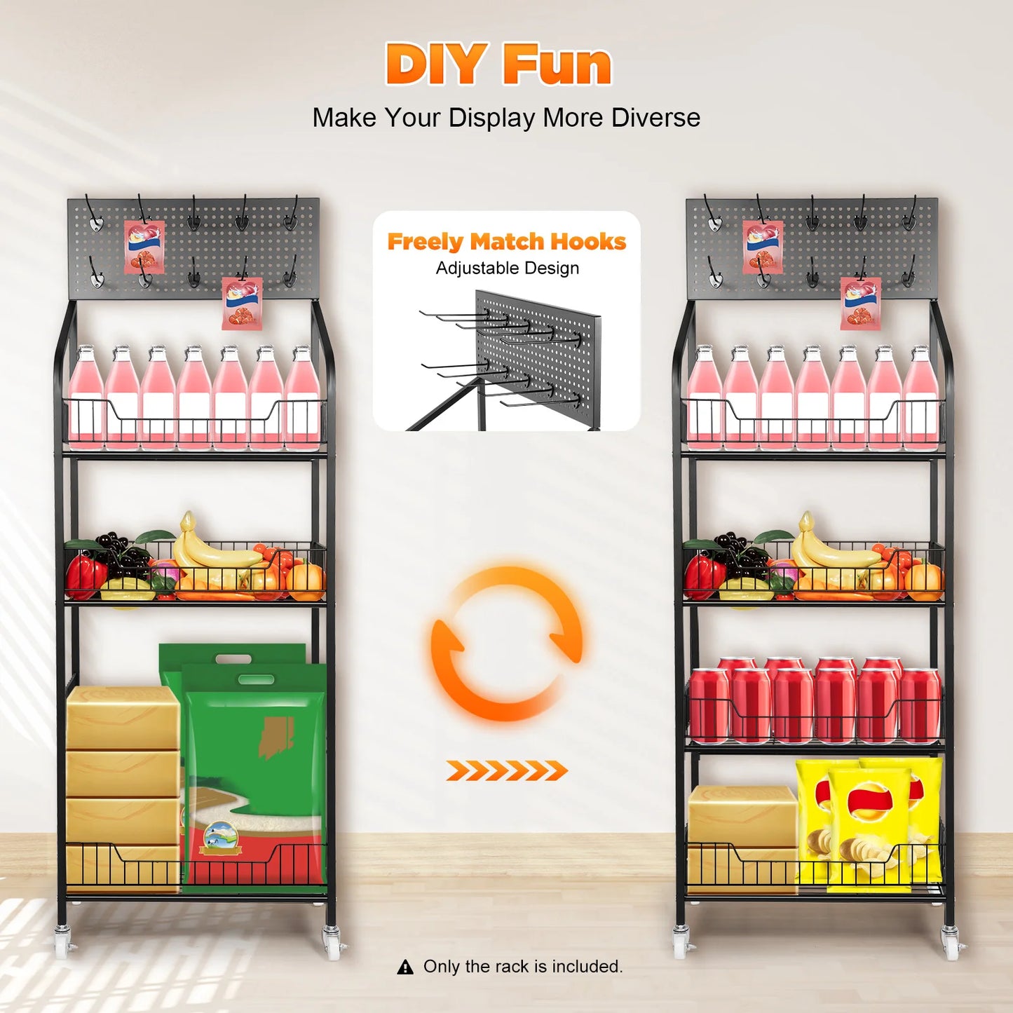 4 Tier Retail Display Rack with Wheel Display Snack Rack Candy Fruit Towel Basket Stand Cart Metal Basket Storage Shelf