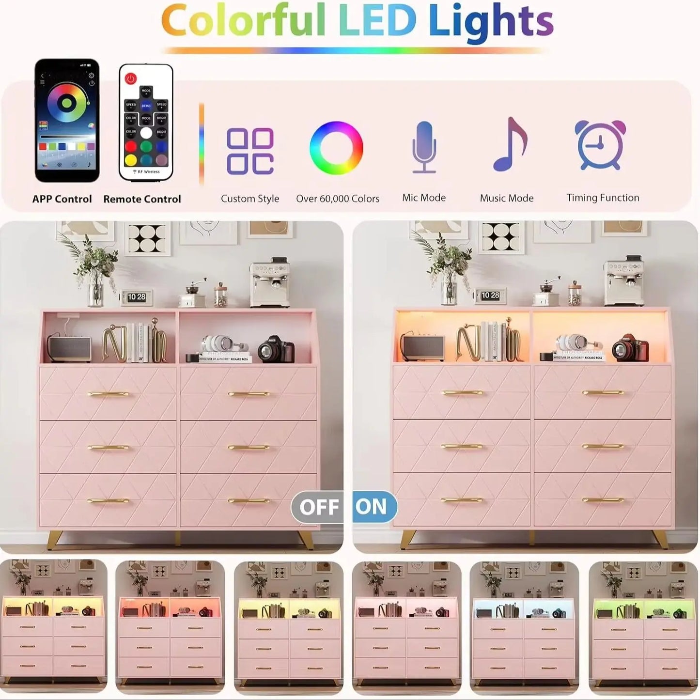 Modern 6 Drawer Dresser with LED Lights Charging Station Pink Wood Storage Cabinet Bedroom Chest of Drawers with Metal Legs Entryway Organizer