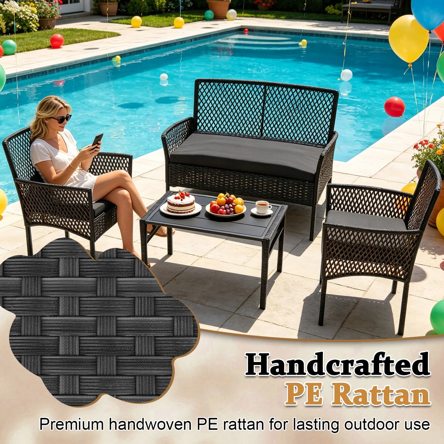Outdoor Patio Furniture Set 4-Piece, Wicker Hollow-Out Conversation Sofa with Cushions & Coffee Table, All-Weather Patio Furniture for Backyard
