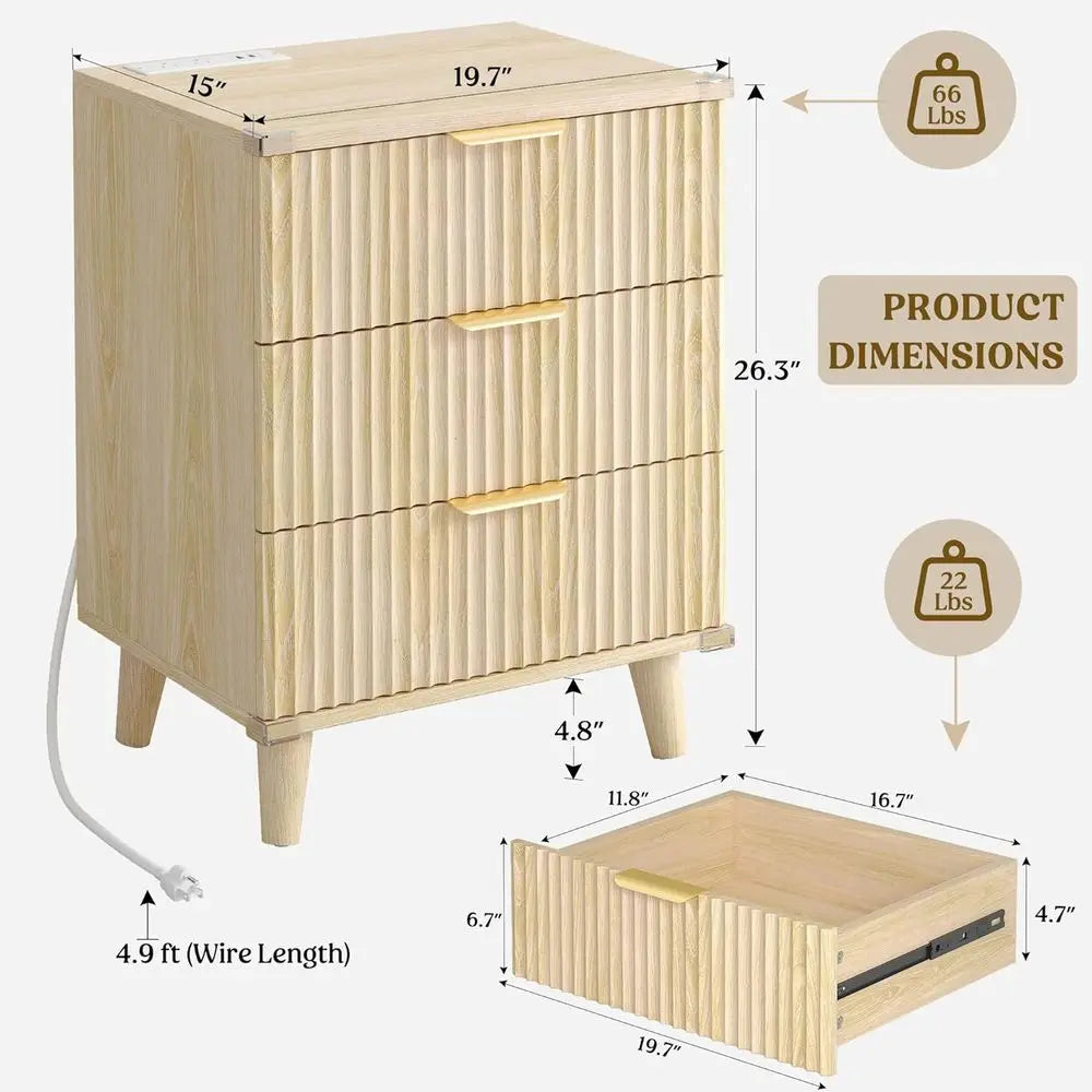 3-Piece Solid Wood Bedroom Set with Natural Oak Legs: 5-Drawer Dresser + 2 Nightstands
