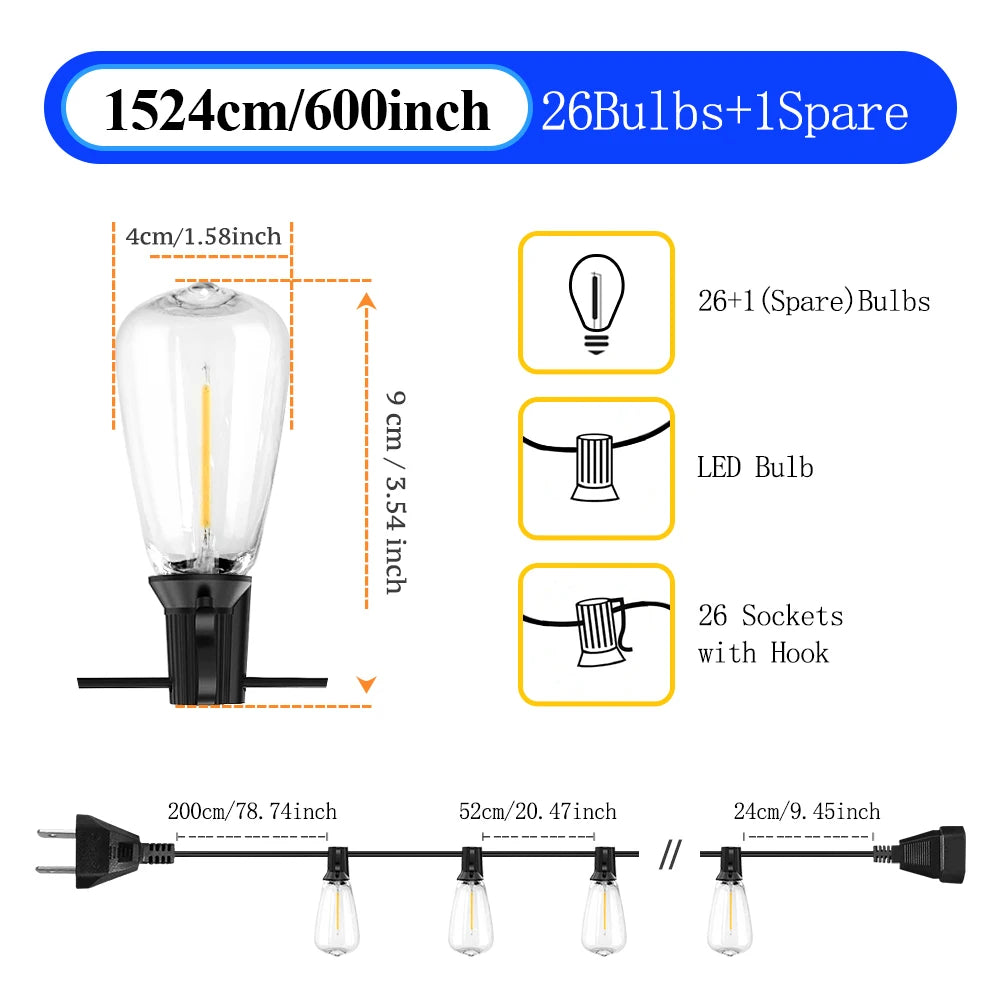 50ft/100ft/25ft LED Outdoor String Lights - 2200K, Shatterproof ST38 Bulbs, Warm White for Garden, Porc
