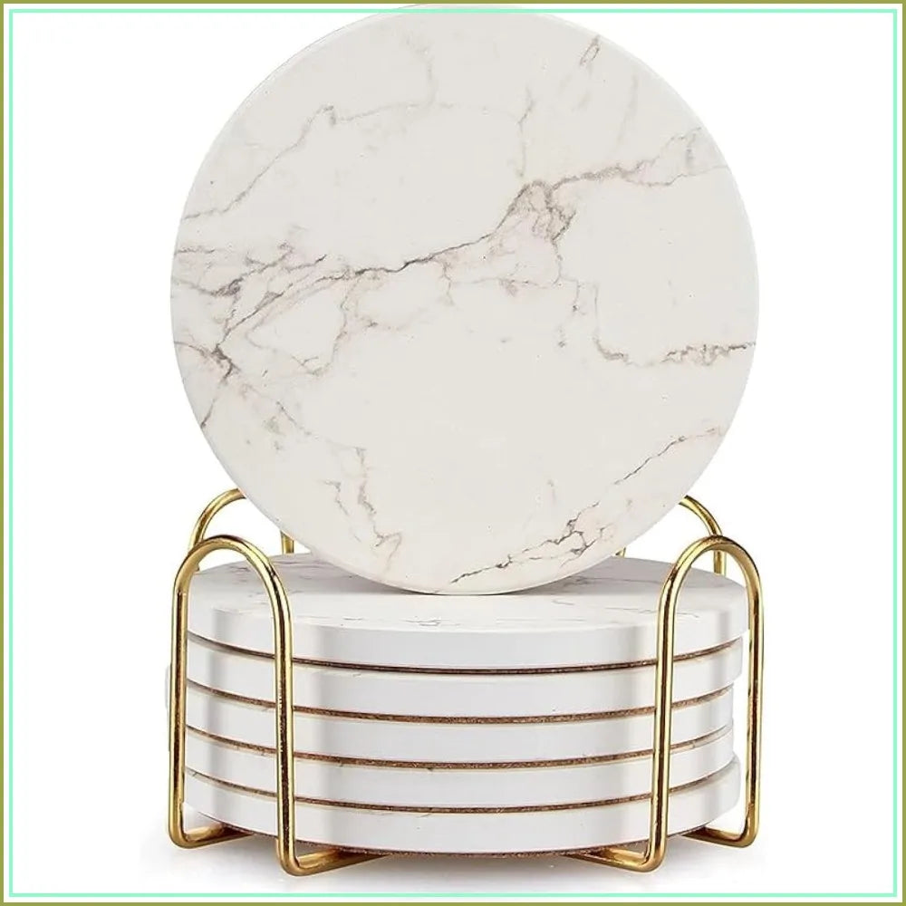 6 Pack White Marble Coaster Set with Gold Holder, Absorbent Ceramic Drink Coasters for Coffee Table, Bar, Home Decor