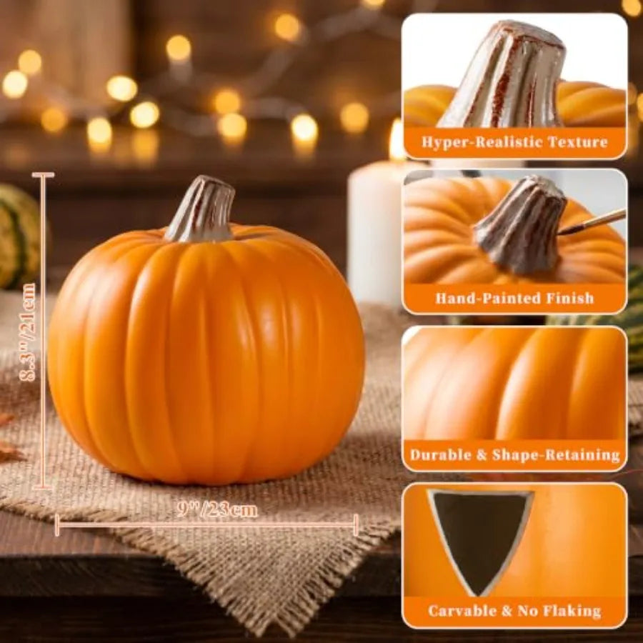 DIY Halloween Thanksgiving home decor: carvable PU artificial pumpkins, 9 large realistic set of 4, orange, lightweight and reu
