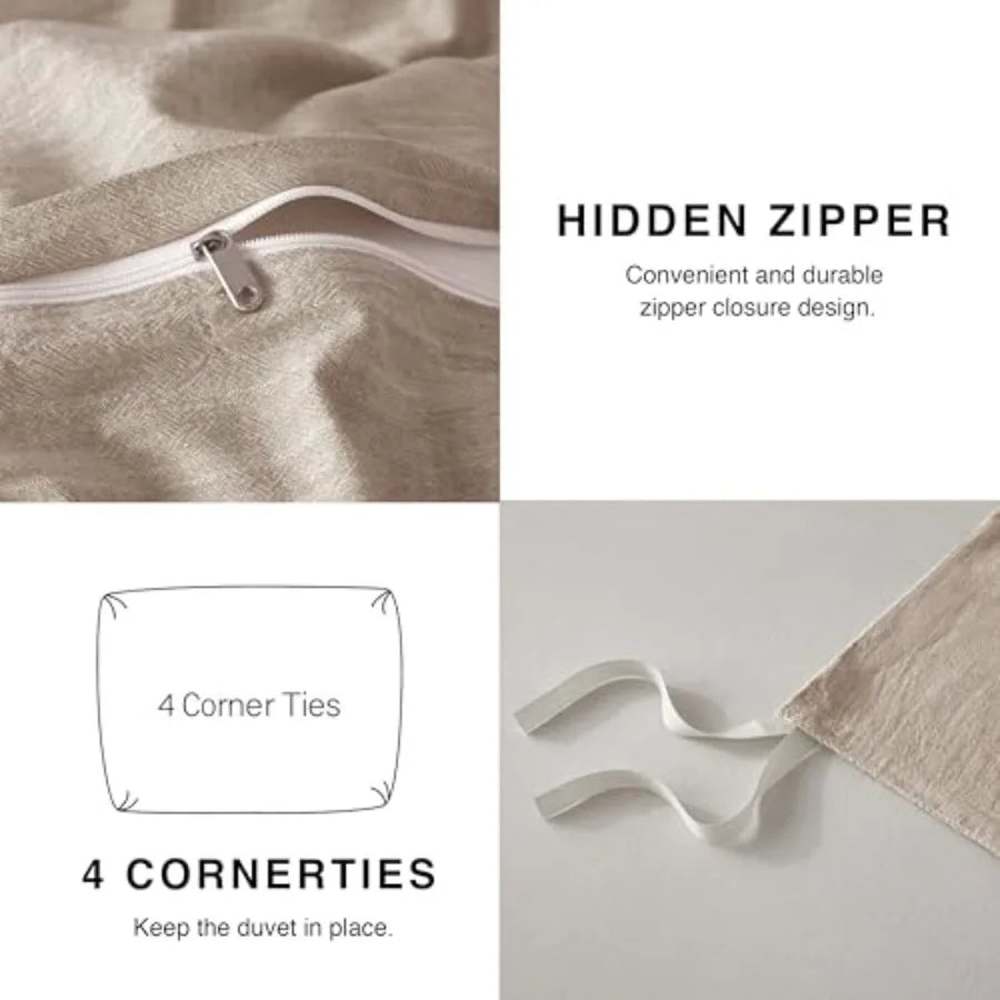 Linen Duvet Cover Size - Soft Breathable Cotton Linen Blend 3-Pieces Bedding Set with 2 Pillowcases Stonewashed Texture All-Sea