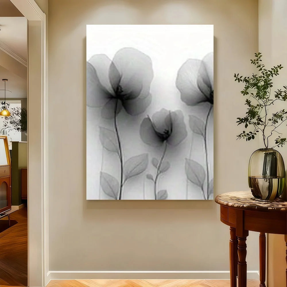 2D Flat, Modern Black & White Abstract Line Flower - Black & White Wood Framed Canvas Wall Art With Wrap-Around Frame, Minimalis