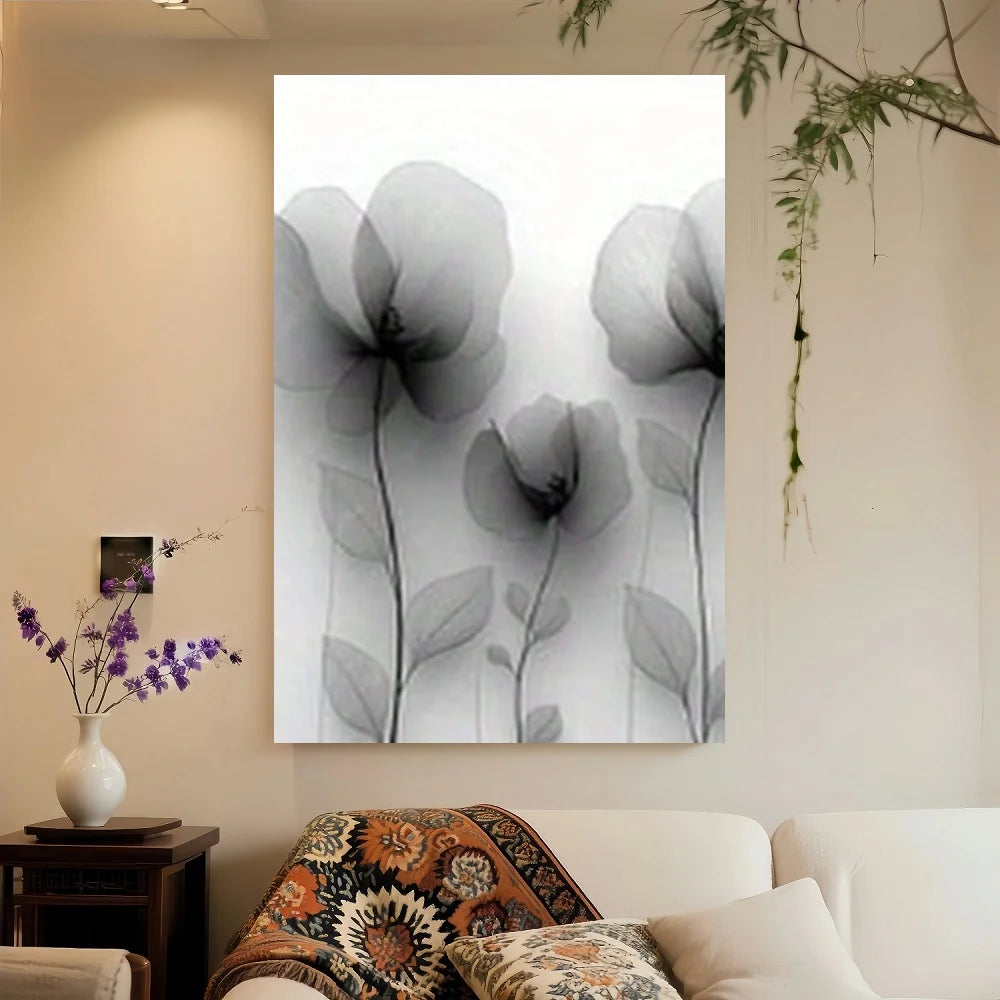 2D Flat, Modern Black & White Abstract Line Flower - Black & White Wood Framed Canvas Wall Art With Wrap-Around Frame, Minimalis