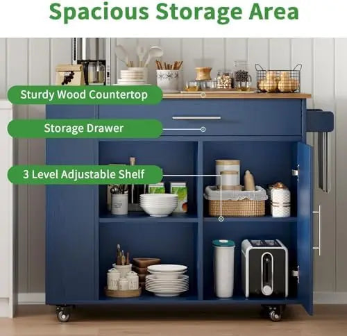 39" Rolling Kitchen Island with Storage and Drawer, Farmhouse Kitchen Island on Wheels with 3-Tier Spice Rack