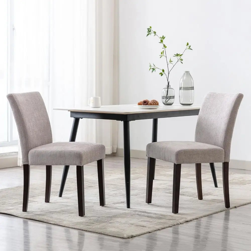 Gray Upholstered Dining Chairs with Low Backrest, Set of 2, Performance Fabric, Wooden Legs