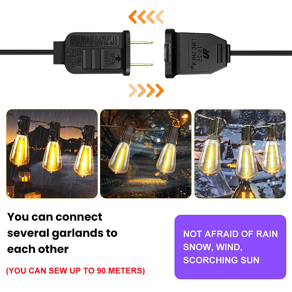 50ft/100ft/25ft LED Outdoor String Lights - 2200K, Shatterproof ST38 Bulbs, Warm White for Garden, Porc