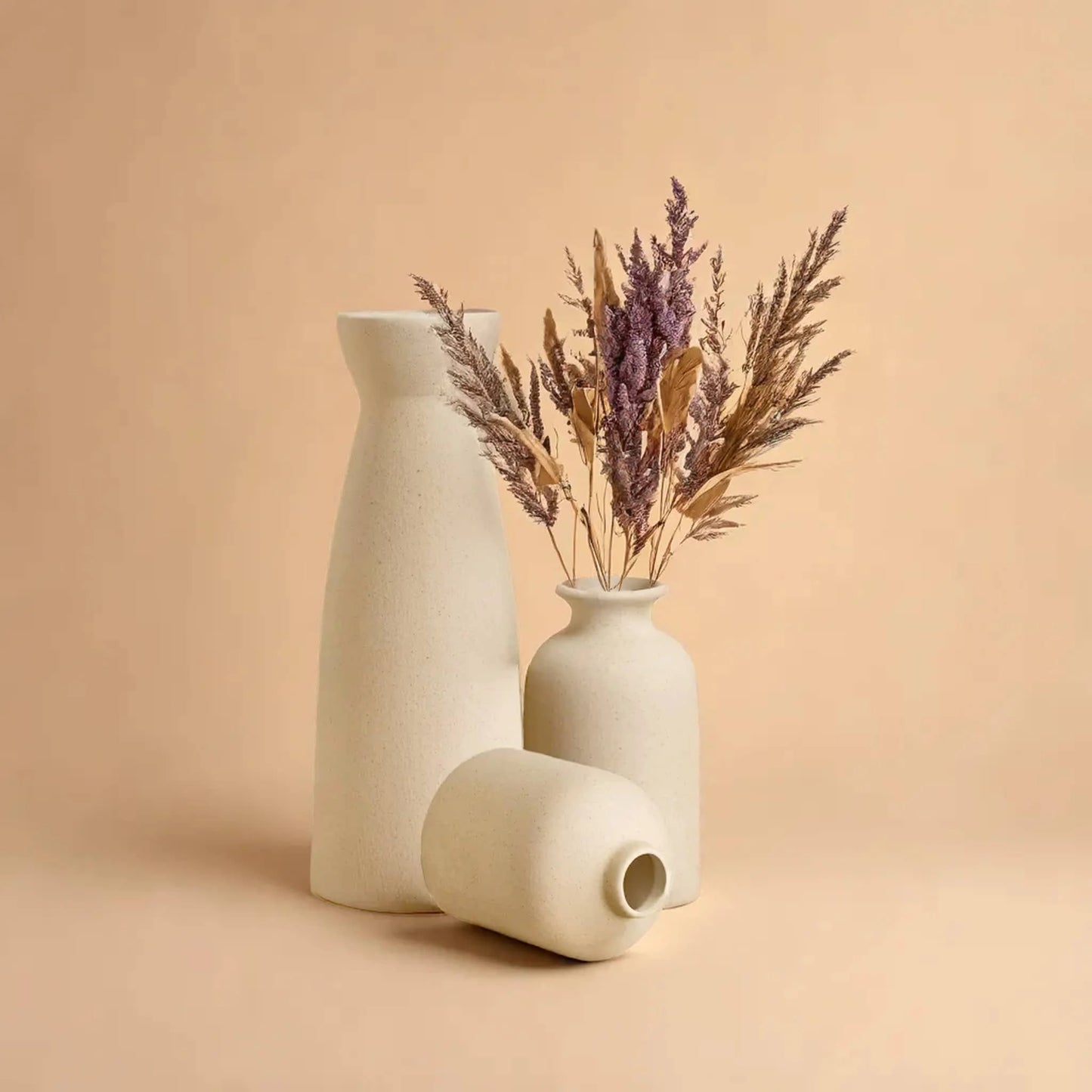 Set Of 3 Minimalist Beige Ceramic Vases - Elegant Home Decor & Wedding Centerpiece - Modern Flower Vases Set - Romantic Gift Ide