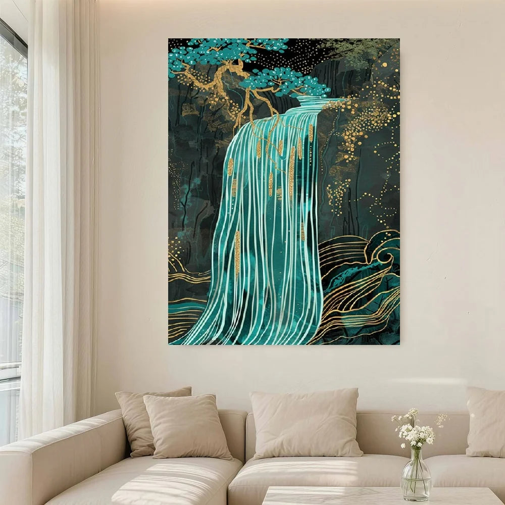 Framed Flat, 1pc Modern Abstract Waterfall Forest Wall Art - Vertical Teal Golden Framed Canvas, Stretched Wrap-Around Suitable