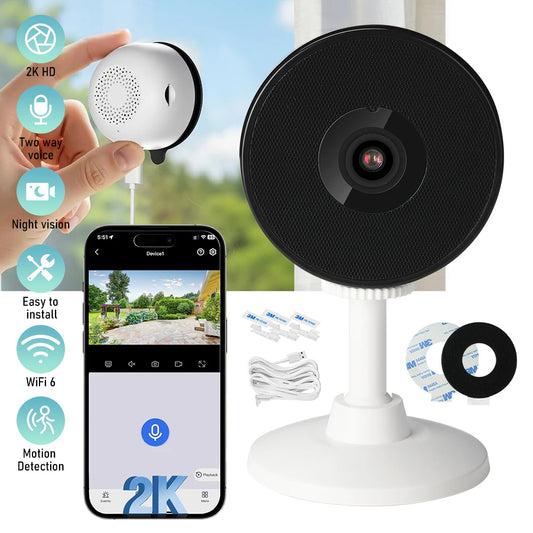 2K HD WiFi Window Security Camera 2.4G Wireless Indoor Surveillance Cam Two Way Audio Night Vision Motion Detection Support 128GB SD Card Easy Adhesive Installation Home Monitor Camera