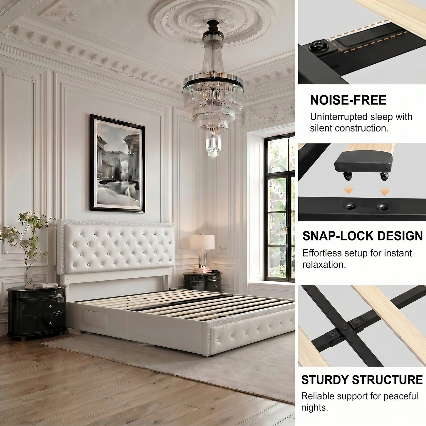 Sibeds Queen Size Bed Frame with LED Lights , King Size with 2 Drawers, Full Bed Crystal Button Tufted Headboard, Solid Slats, Noise Free, No Box Spring Needed, Easy Assembly，PU & Velvet