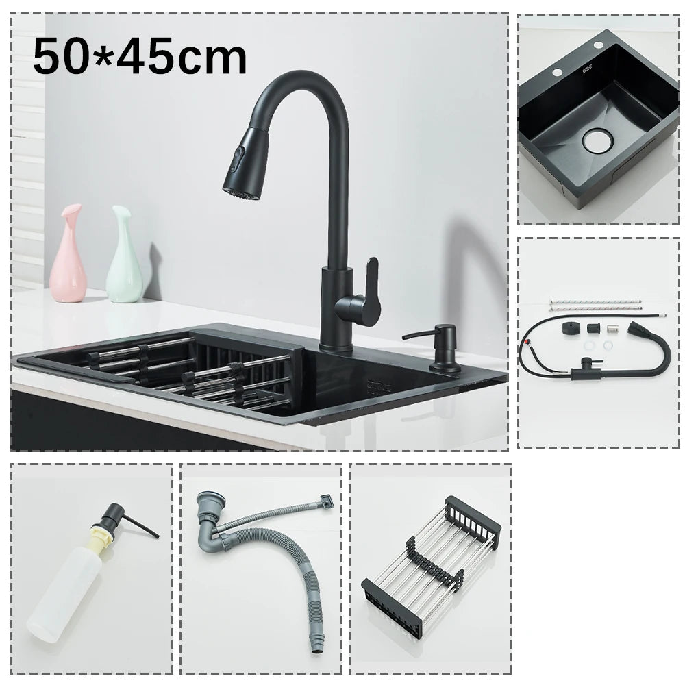 Stainless Steel Kitchen Sink Large Integrated Faucet Sink Dish Basin With Drain Basket Soap Dispenser/Pure Water/Cup Washer