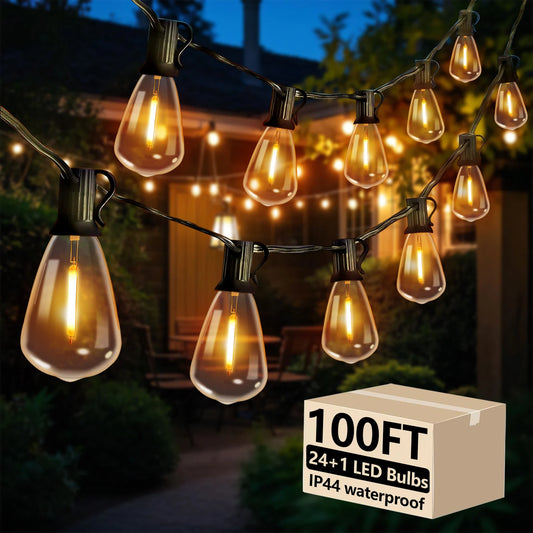 100FT ST38 LED Globe String Lights, 24 Bulbs 2700K Warm White, E12 High Voltage, Black Cable with Hooks & Replaceable Line
