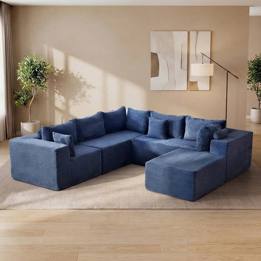 Redlife 107" Boneless Couch with Ottoman, 6 Seat Modular Sectional Sofa,Blue Corduroy Upholstery,28" Deep Seat,Removable Covers