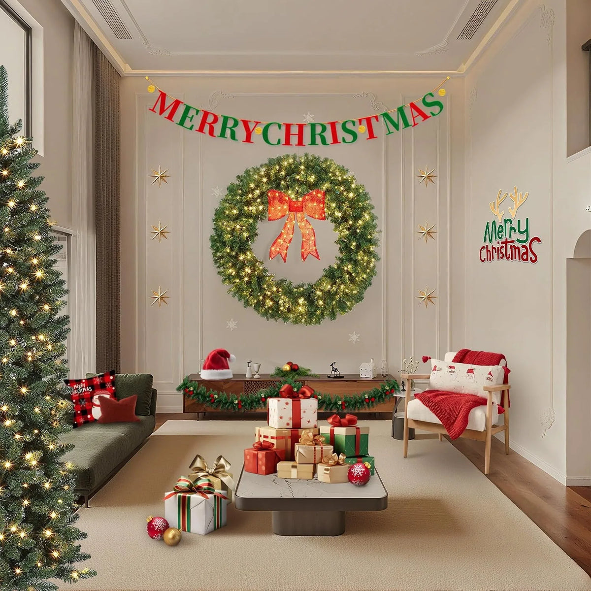 Pre Lit Artificial Christmas Wreath 48 Inch or 60 Inch with Warm White LED Lights Illuminated Red Bow Full PVC Branches Weather Resistant Front Door Wall Window Indoor Outdoor Holiday Decor