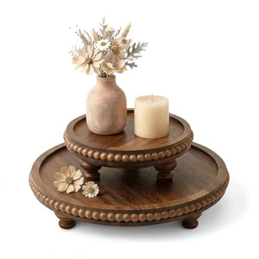 Round Pine Wooden Display Riser Set of 2 for Home Decor - Beaded Pedestal Stand for Bathroom and Coffee Table - Decorative Tray