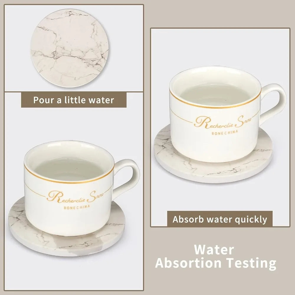 6 Pack White Marble Coaster Set with Gold Holder, Absorbent Ceramic Drink Coasters for Coffee Table, Bar, Home Decor