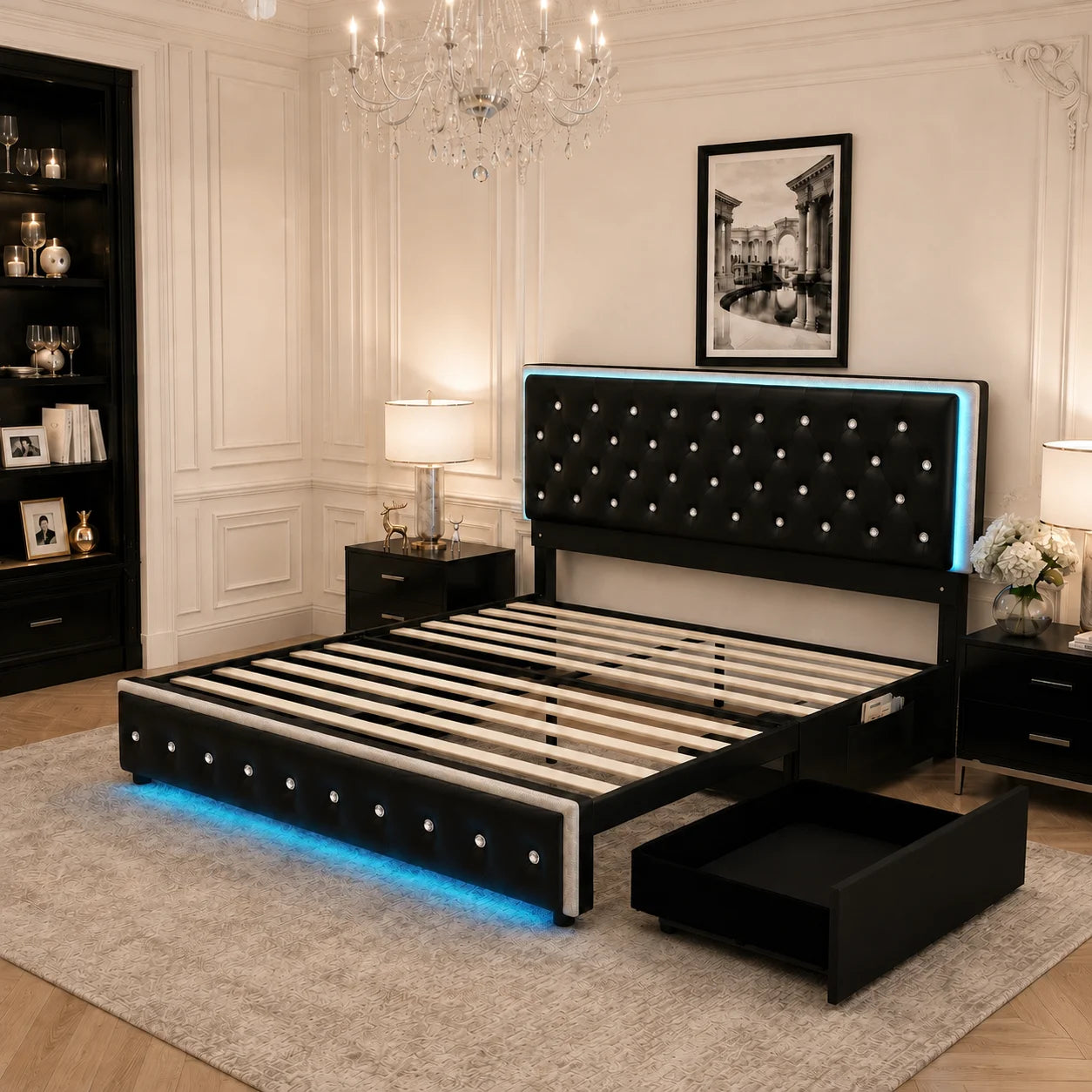 Sibeds Queen Size Bed Frame with LED Lights , King Size with 2 Drawers, Full Bed Crystal Button Tufted Headboard, Solid Slats, Noise Free, No Box Spring Needed, Easy Assembly，PU & Velvet