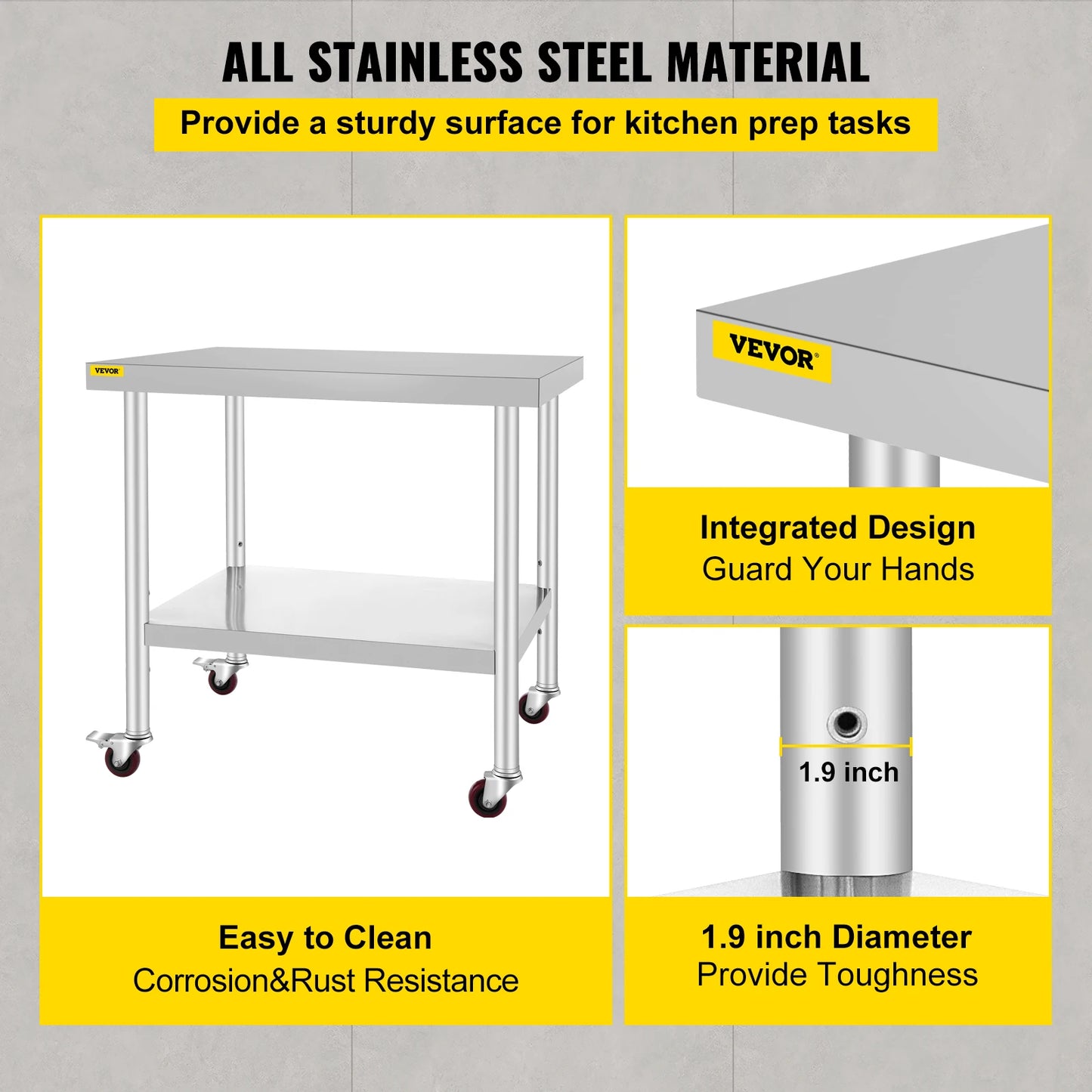 SucceBuy Stainless Steel Kitchen Prep Table With 4 Caster Wheels & Backsplash Loads Up to 100-300KG for Home Storage Rack Dining