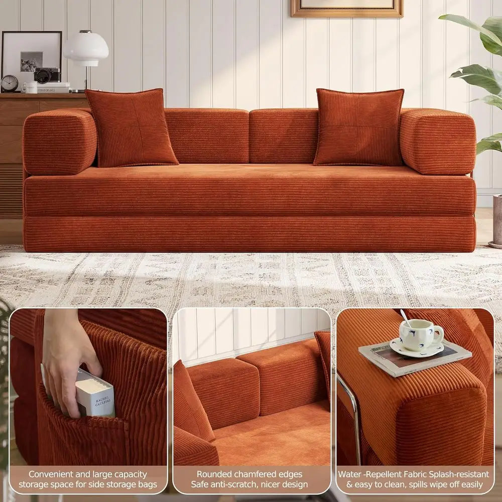 Orange Corduroy Sleeper Sofa with Armrest Pillow, Convertible Couch Bed for Living Room, Ready to Use in a Box