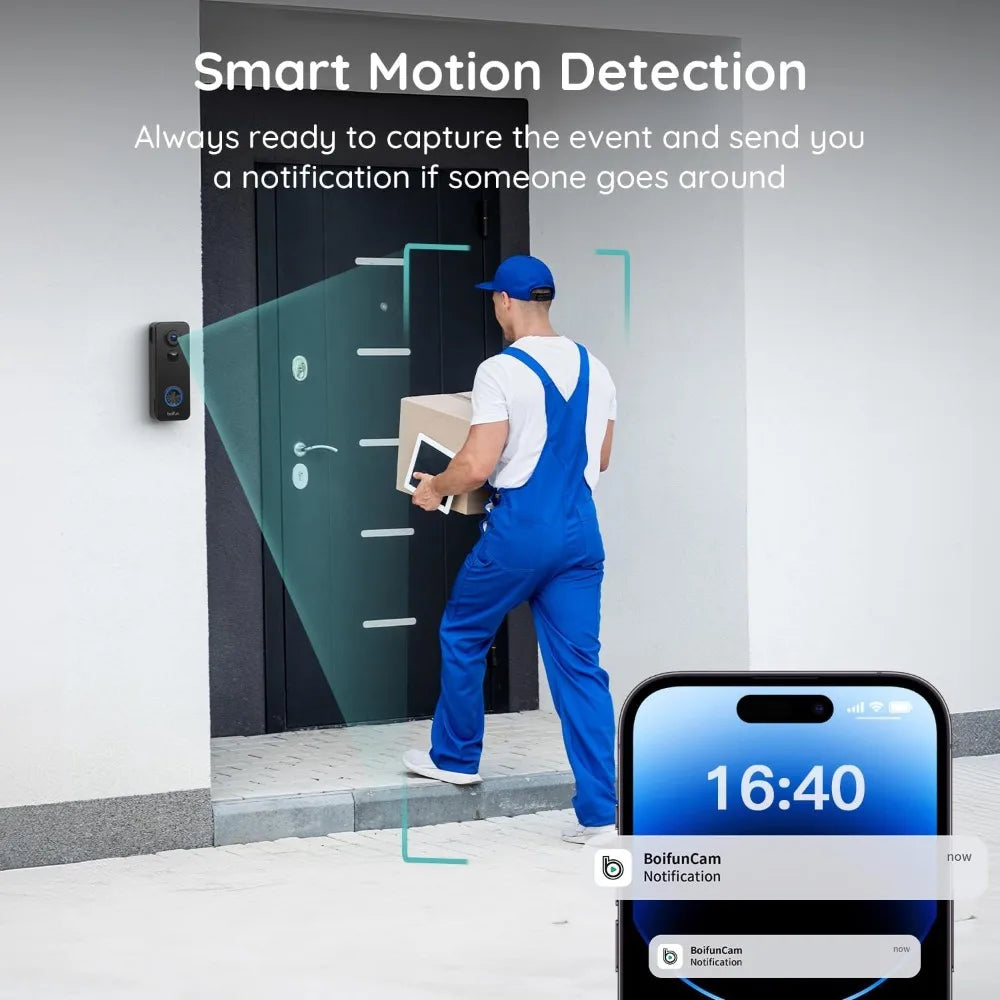 180° Wide View 2K HD Video Doorbell, No Subscription, AI Human Detection, Night Vision, Two-Way Audio, Battery Powered with Chime, 2.4GHz Wi-Fi