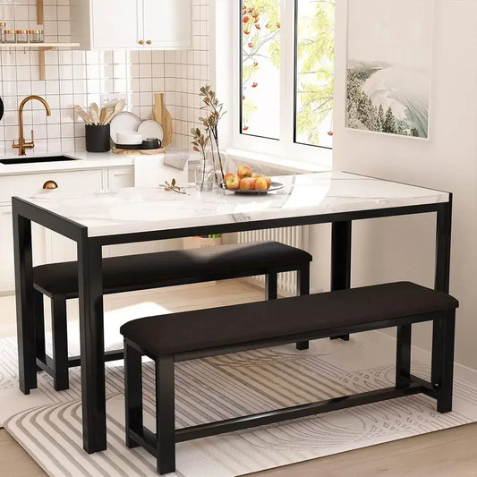Dining Room Table Set with 2 Benches, Dining Table Set or 4-6, Dinner Table Set or 4, aux Marble Breakast Table Set & PU Leather