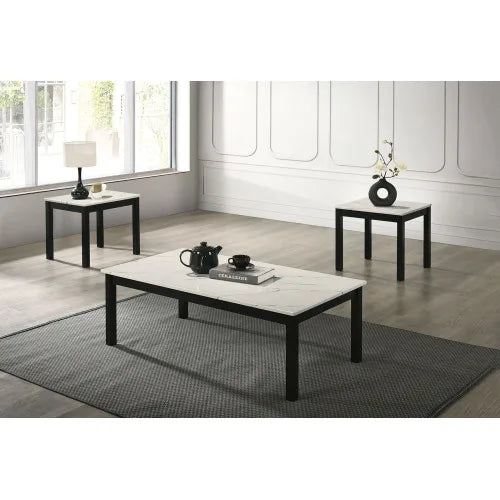 Contemporary White Finish 3pc Table Set 1x Coffee Table 2x End Table Faux Marble Top Wooden Legs Primary Living Room