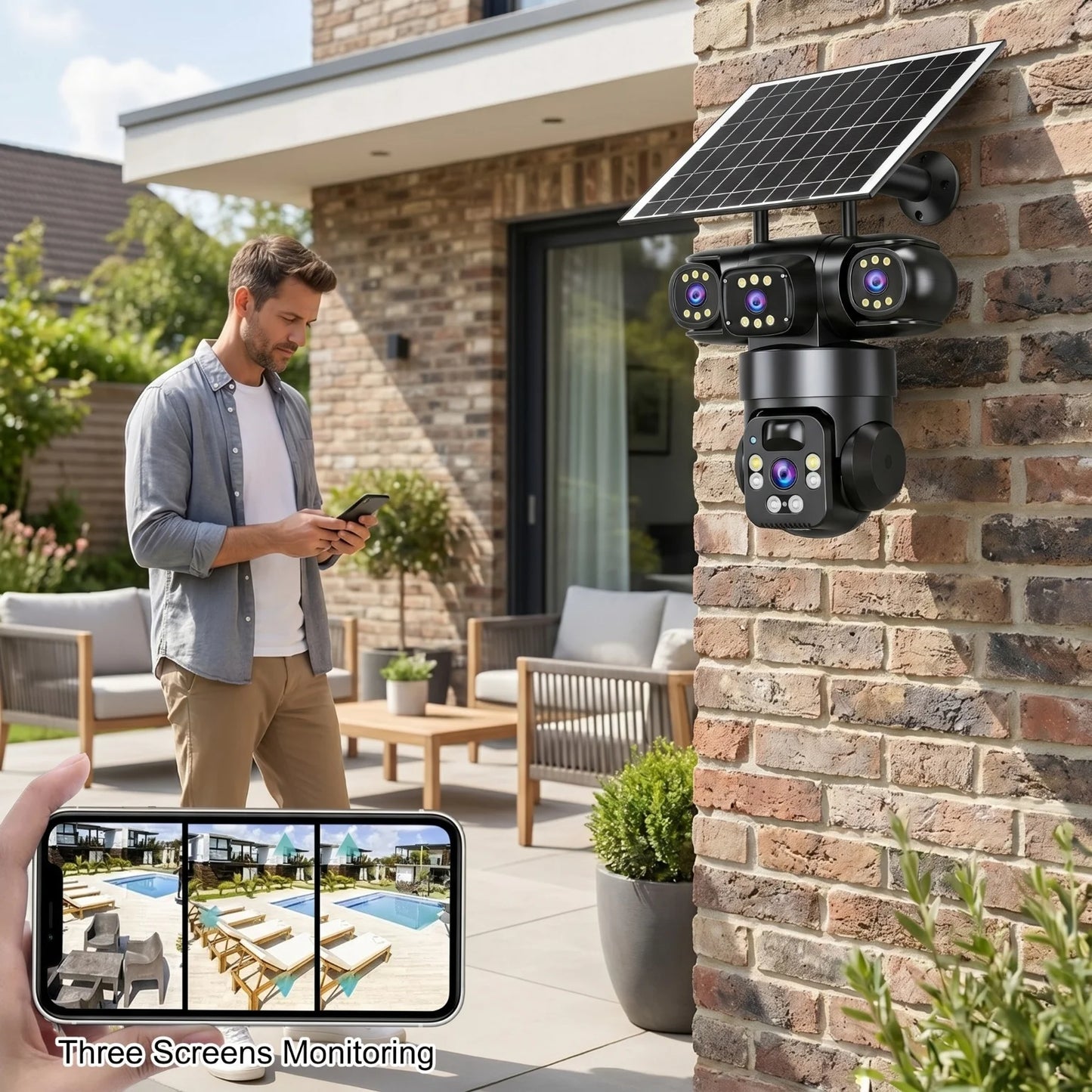4G WiFi Dual Mode Solar Security Camera 4 Lens Triple Screen 360° Rotation Outdoor Wireless Waterproof Motion Alert Surveillance Cam