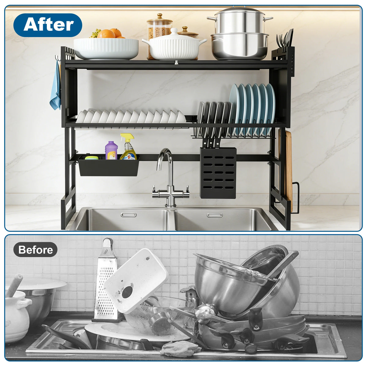 Extra long Drying Rack for Kitchen Sink, Space Saving Dish Rack，Keep Kitchen Sink Shlef Organized Space-Saving Dish Drying Rack, Large Stainless Steel Sink Drying Rack for Dishes- Countertop Organizer for Dishes, Utensils