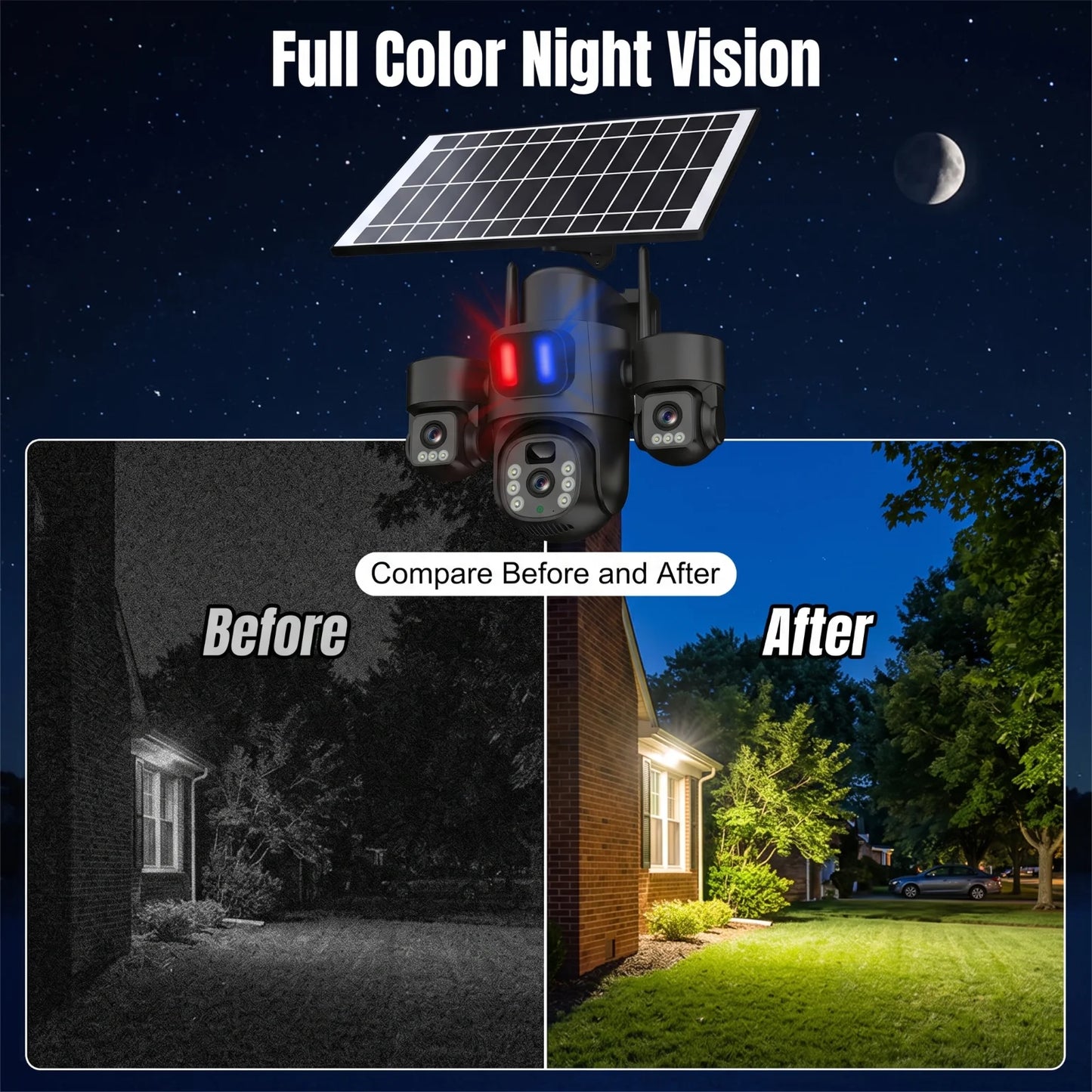 Solar Powered 3 Lens Security Camera Wireless WiFi PTZ Camera 3 Screen Full Color Night Vision Motion Detection Sound Light Alarm Outdoor Surveillance Camera