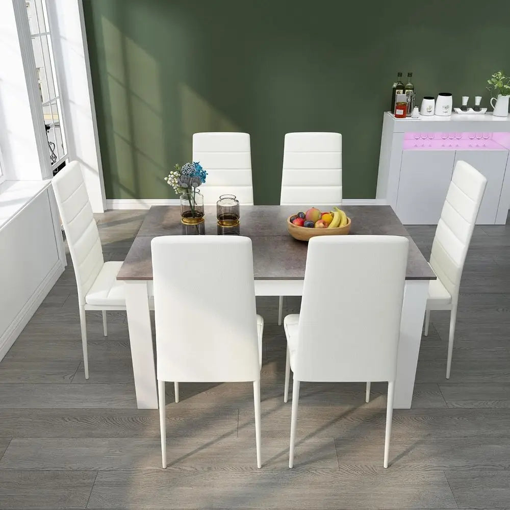 Dining Table and Chairs Set 6, 7 Pieces Kitchen Table Set with High Back aux Leather Chair or Dining Room Kitchen Recular ern (G