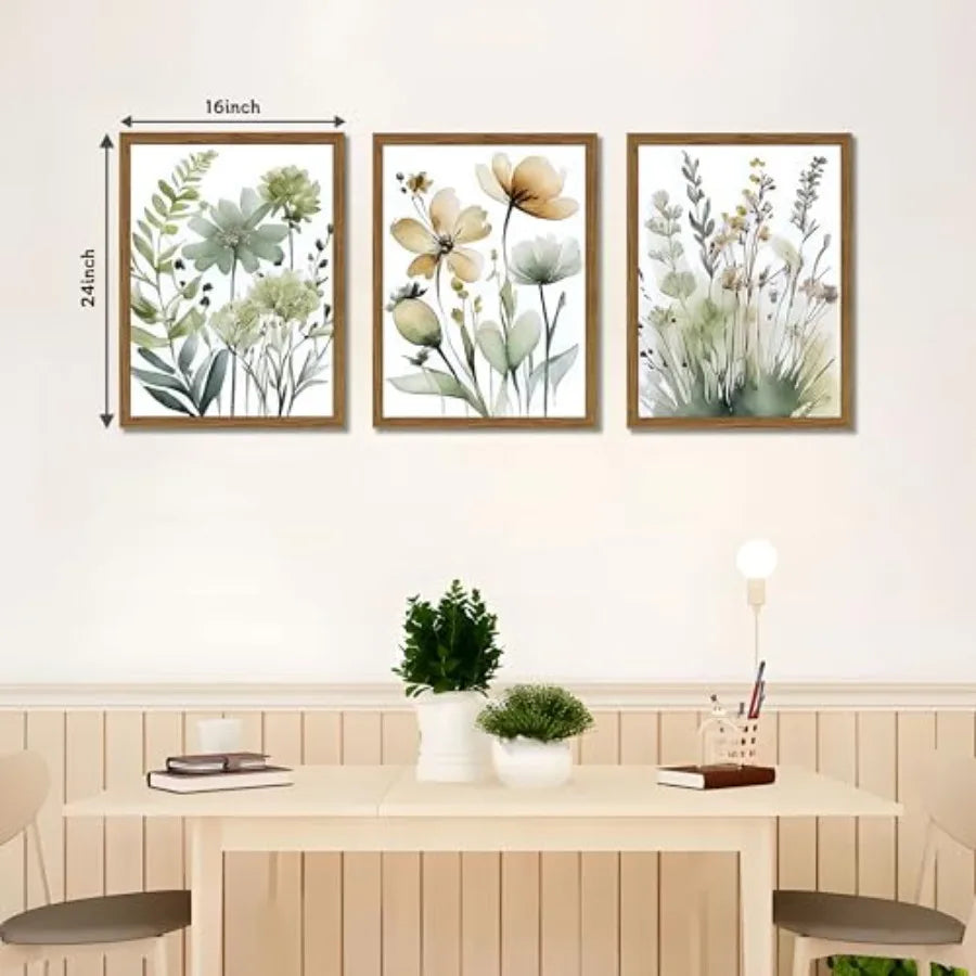 Wood Framed Sage Green Botanical Wall Art Set of 3 for Bedroom Bathroom Living Room, Boho Floral Canvas Prints, Minimalist Flow