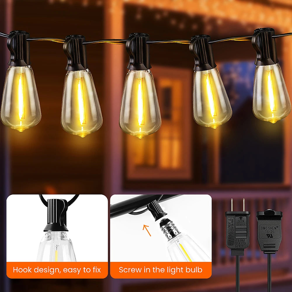 50ft/100ft/25ft LED Outdoor String Lights - 2200K, Shatterproof ST38 Bulbs, Warm White for Garden, Porc