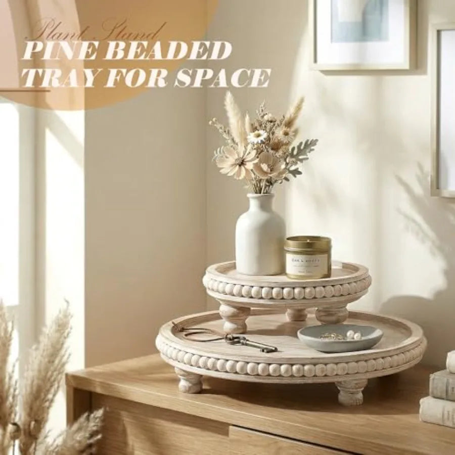Round Pine Wooden Display Riser Set of 2 for Home Decor - Beaded Pedestal Stand for Bathroom and Coffee Table - Decorative Tray