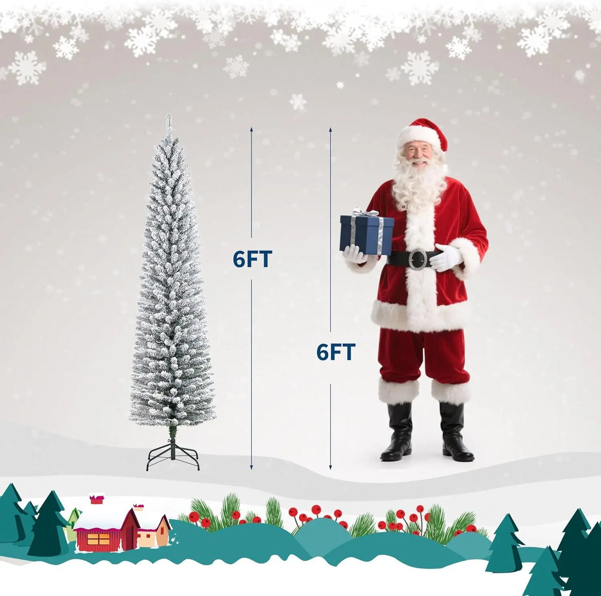 6/7.5ft Flocked Pencil Christmas Tree - Pre-lit Frosted Slim Artificial Tree, Space Saving Xmas Tree Holiday Decoration for Home, Full Prelighted Warm White LED Lights, Foldable Base, Easy Assembly