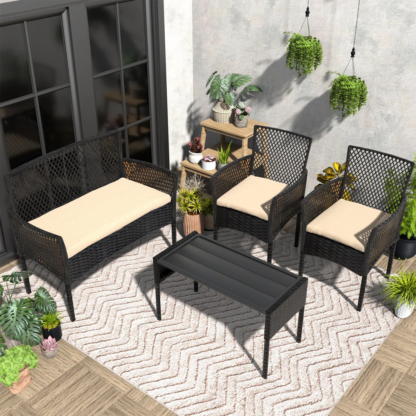 Outdoor Patio Furniture Set 4-Piece, Wicker Hollow-Out Conversation Sofa with Cushions & Coffee Table, All-Weather Patio Furniture for Backyard