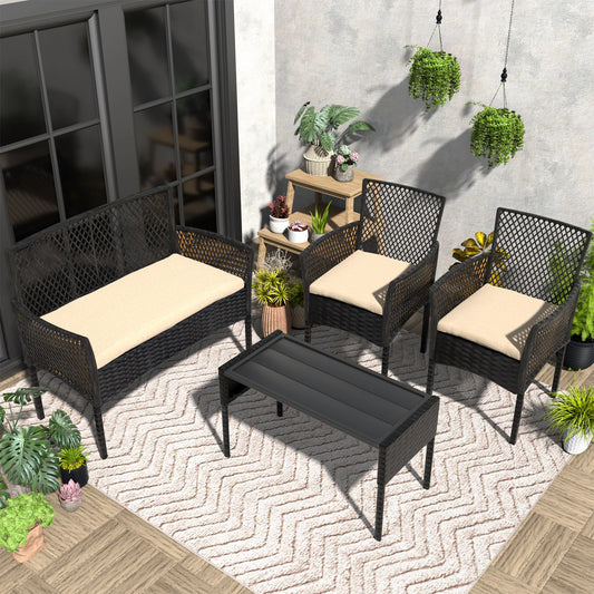 Outdoor Patio Furniture Set 4-Piece, Wicker Hollow-Out Conversation Sofa with Cushions & Coffee Table, All-Weather Patio Furniture for Backyard