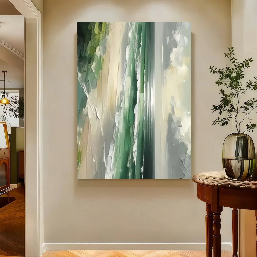 Framed Large Green Abstract Coastal Landscape Hand-Painted Oil On Canvas - Modern Minimalist Green & Blue Seascape Wall Art With