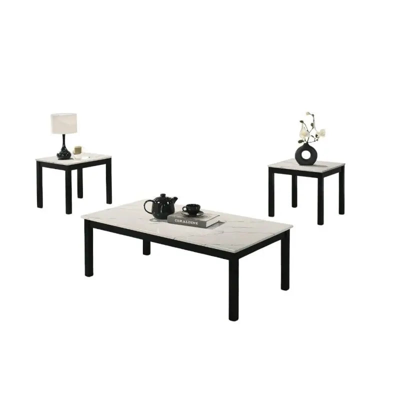 Contemporary White Finish 3pc Table Set 1x Coffee Table 2x End Table Faux Marble Top Wooden Legs Primary Living Room