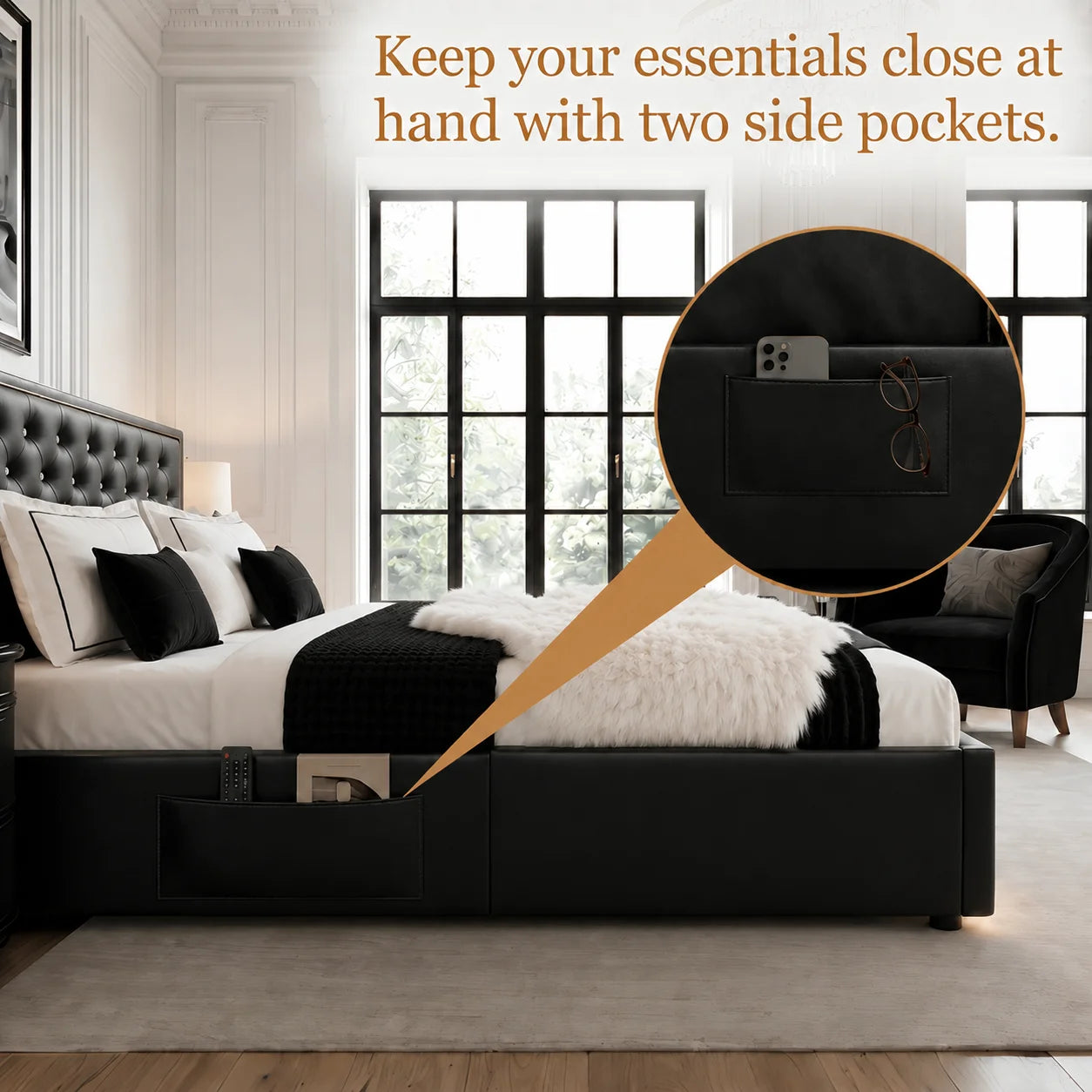 Sibeds Queen Size Bed Frame with LED Lights , King Size with 2 Drawers, Full Bed Crystal Button Tufted Headboard, Solid Slats, Noise Free, No Box Spring Needed, Easy Assembly，PU & Velvet