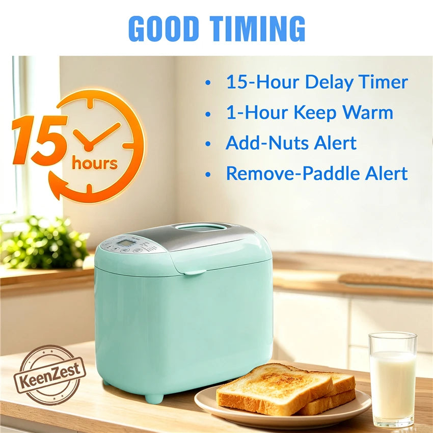 KeenZest 19-in-1 Mint Green Compact Bread Machine, 2LB Whole Wheat Breadmaker with Homemade Cycle, Gluten Free Setting & Recipes
