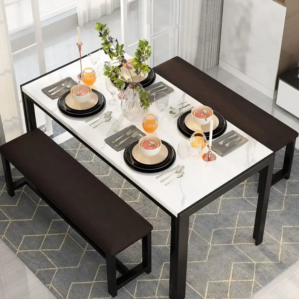 Dining Room Table Set with 2 Benches, Dining Table Set or 4-6, Dinner Table Set or 4, aux Marble Breakast Table Set & PU Leather